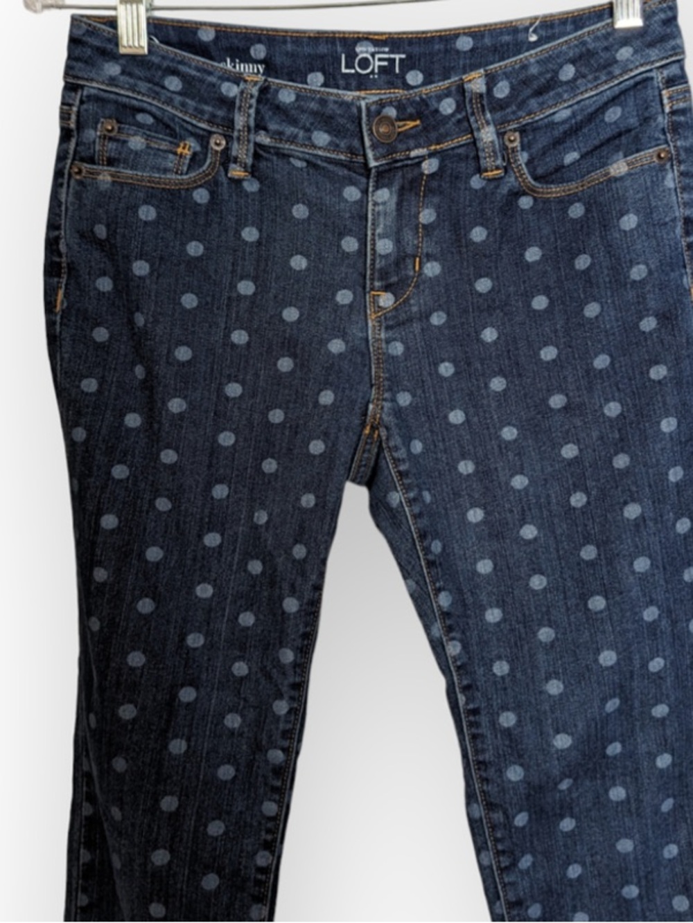 EUC LOFT Navy Blue Polka Dot Skinny Jeans W/ Classic 5 Pocket, Front Zipper